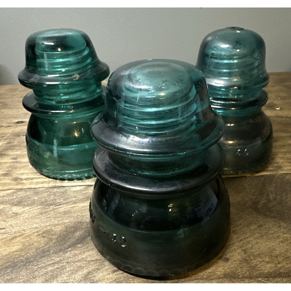 Hemingray No. 40 Glass Insulators Lot of 3 Teal Green/Blue Made in U.S.A.